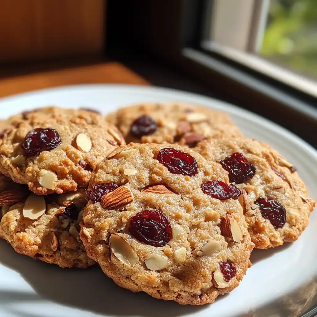 Cherry almond breakfast cookies on rustic kitchen table