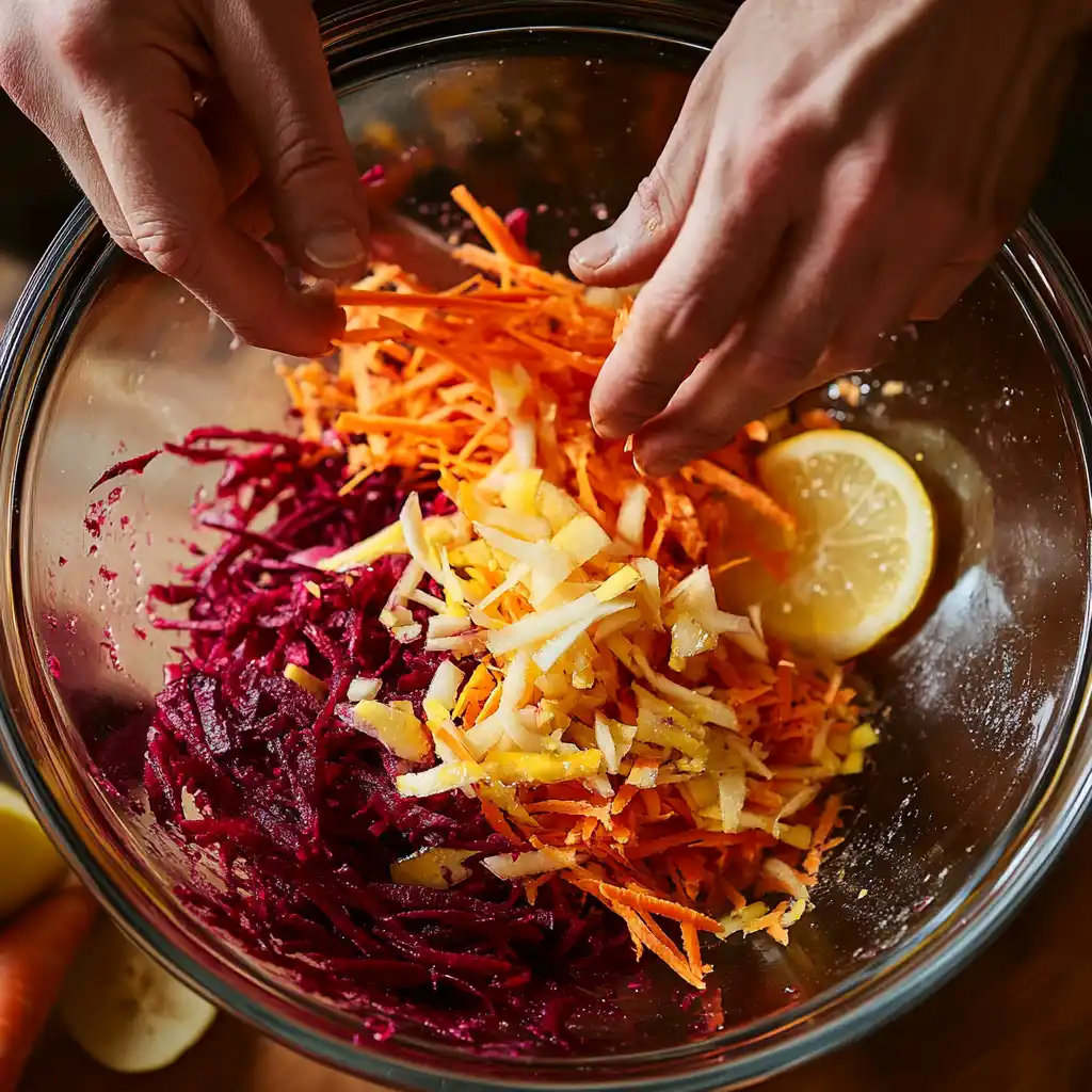 Tossing ABC Salad Recipe ingredients with fresh dressing