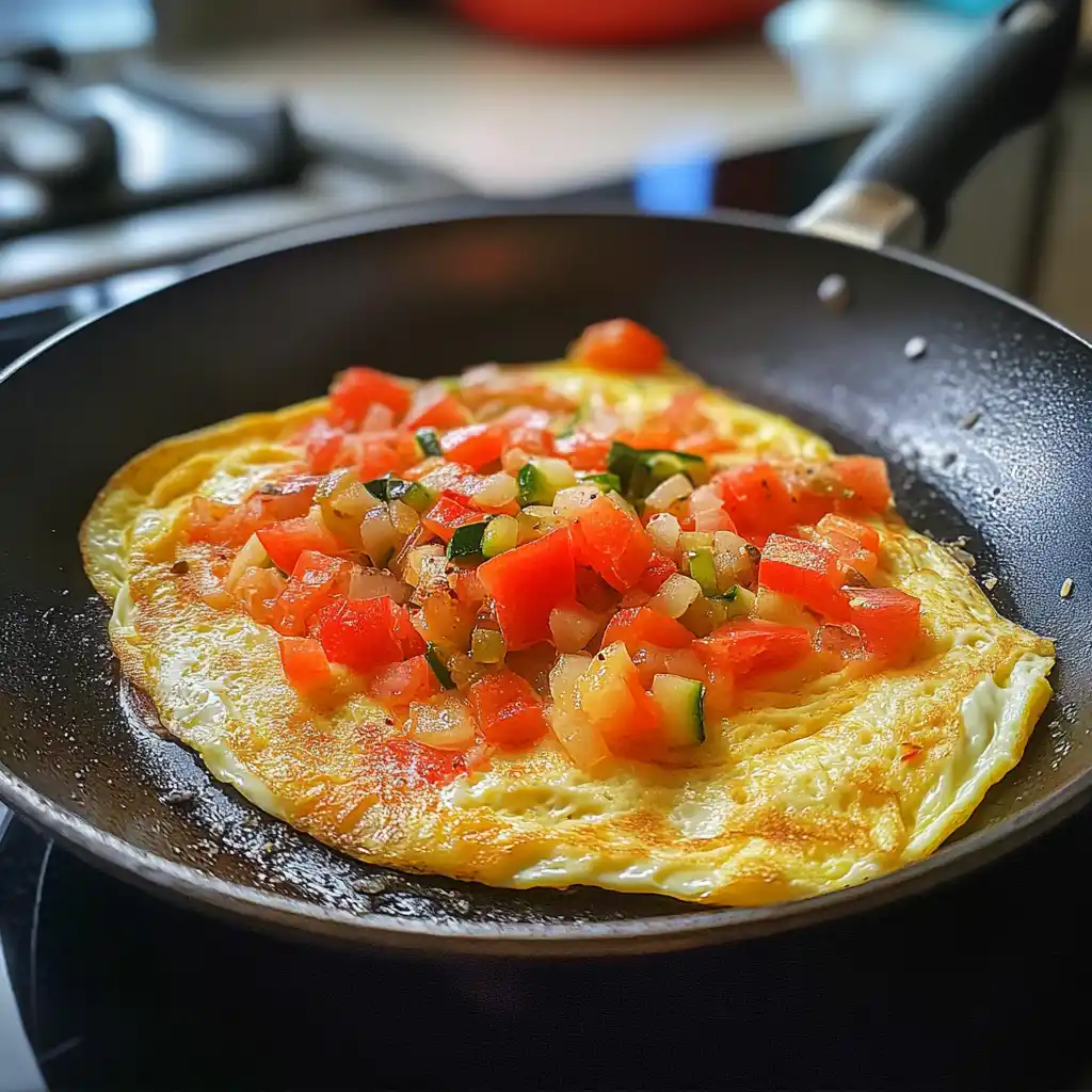 Cooking egg white omelette with vegetables