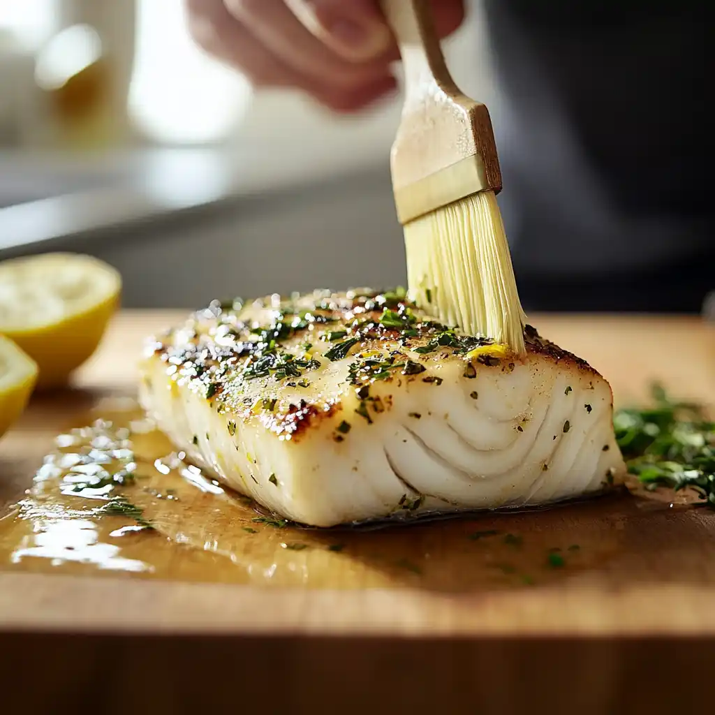 marinating halibut fillet with lemon herb sauce