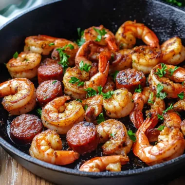 Close-up of shrimp and sausage in skillet.Close-up of shrimp and sausage in skillet.