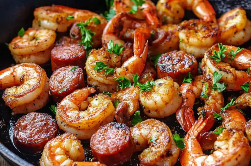Close-up of shrimp and sausage in skillet.Close-up of shrimp and sausage in skillet.