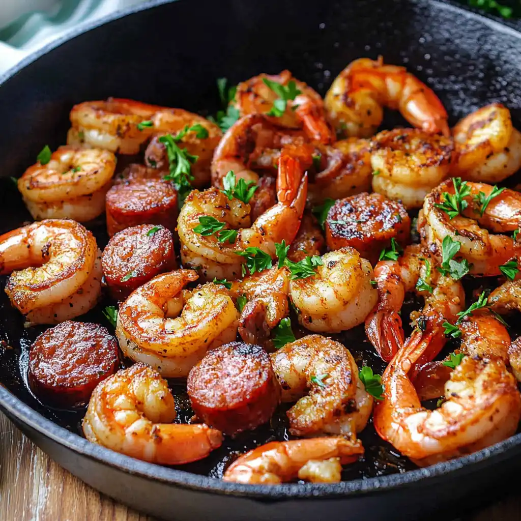 Close-up of shrimp and sausage in skillet.Close-up of shrimp and sausage in skillet.