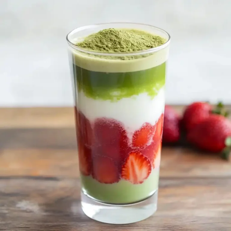 iced strawberry matcha latte recipe with fresh layers