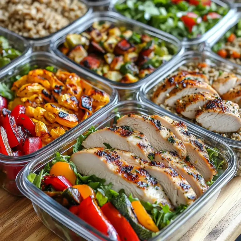 Colorful healthy meal prep containers with grilled chicken and veggies