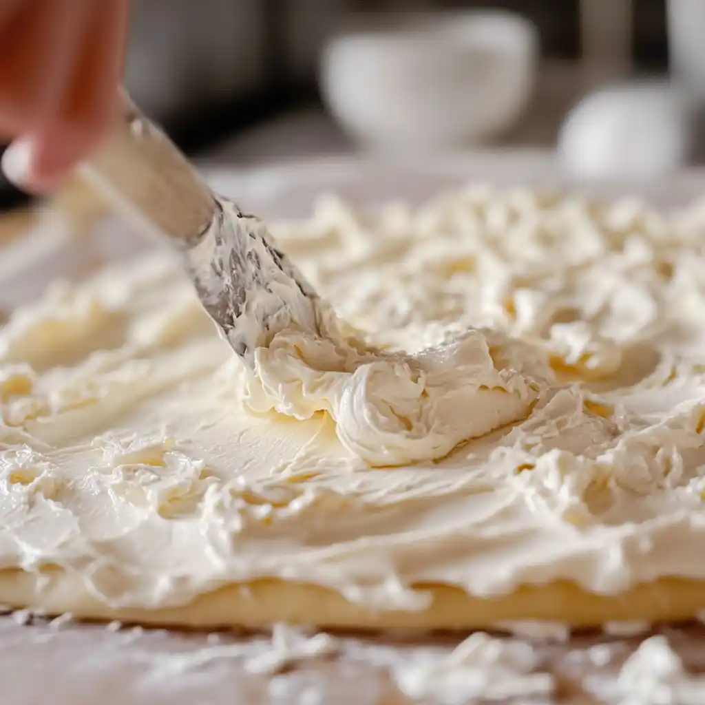 cream cheese spread on crescent dough for churro cheesecake bars