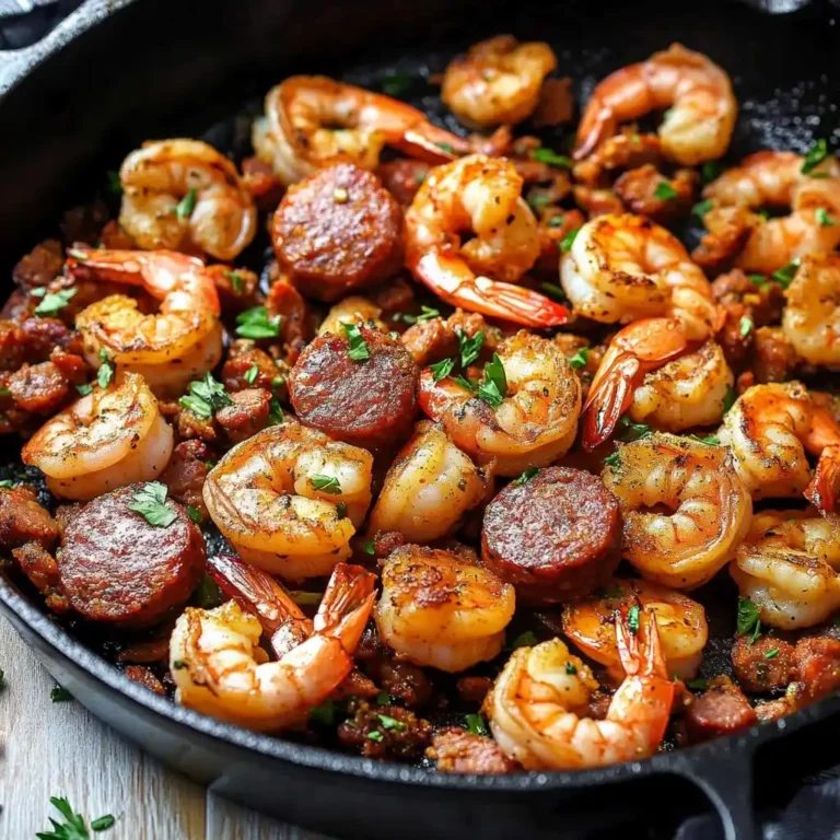 Close-up of shrimp and sausage in skillet.Close-up of shrimp and sausage in skillet.