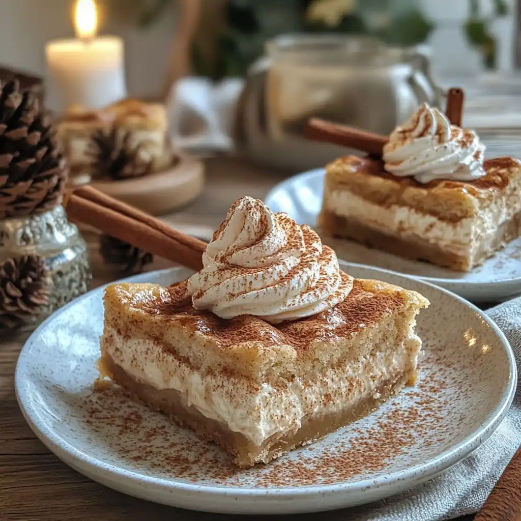 churro cheesecake bars with whipped cream and cinnamon