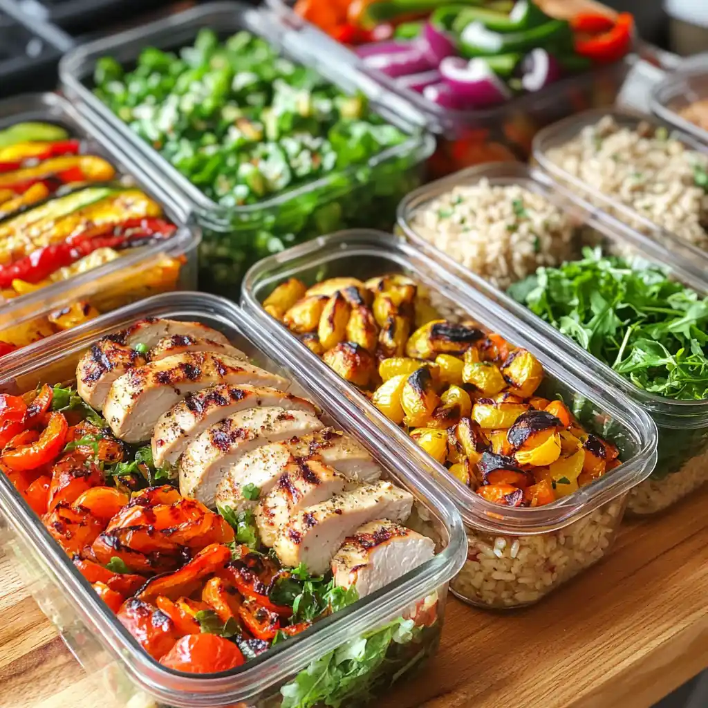 Colorful healthy meal prep containers with grilled chicken and veggies
