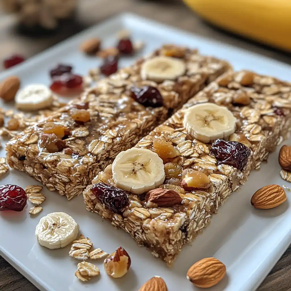 banana trail mix breakfast bars on rustic table with oats and fruits