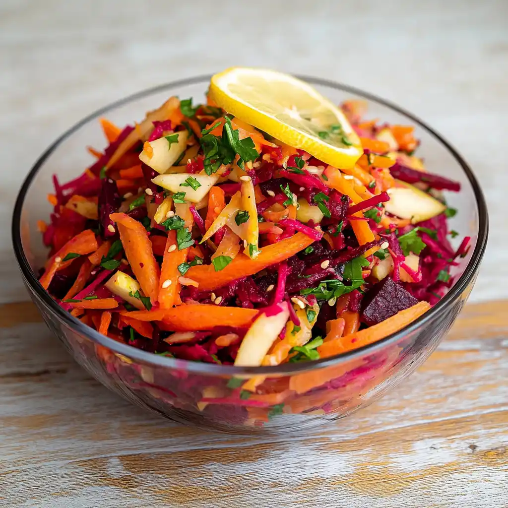 Fresh ABC Salad Recipe with apple, beet, and carrot in a glass bowl
