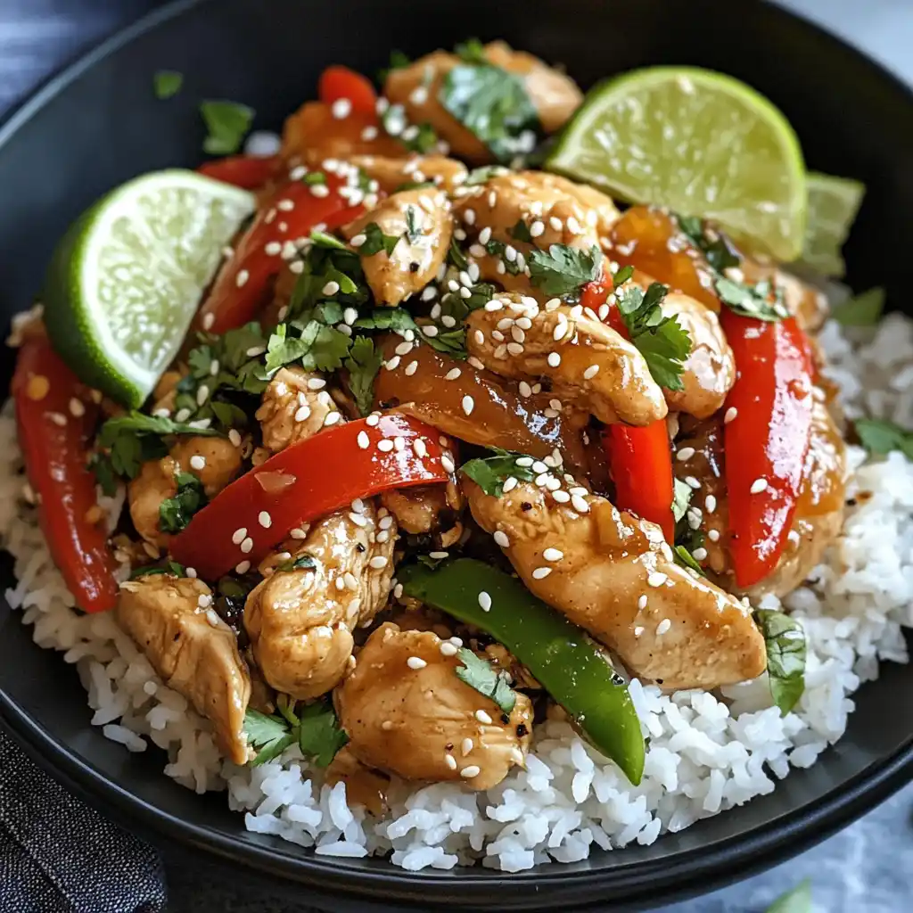 plated chicken stir fry with rice