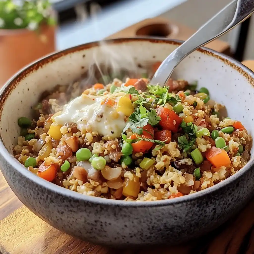 Low-carb fried rice recipe with cauliflower rice and vegetables
