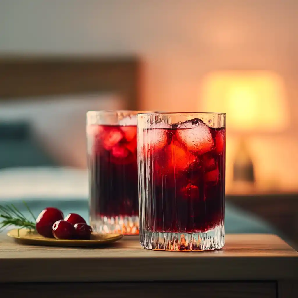 Sleepy Girl Mocktail in glass on nightstand with ice and cherry juice