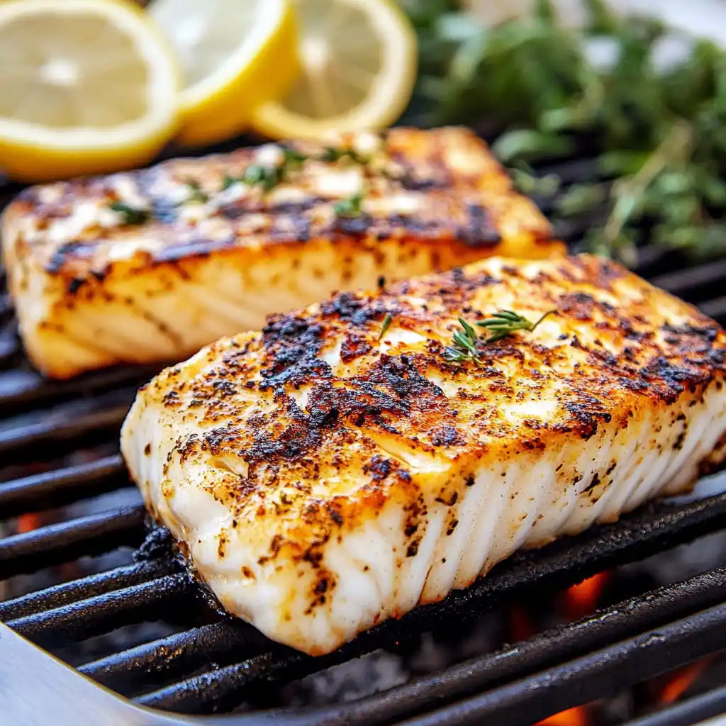halibut fillet on gas grill with grill marks