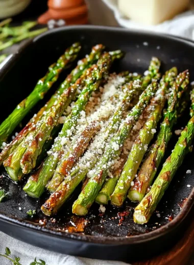 Roasted asparagus on baking tray with crispy golden tips