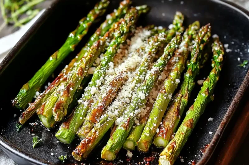 Roasted asparagus on baking tray with crispy golden tips