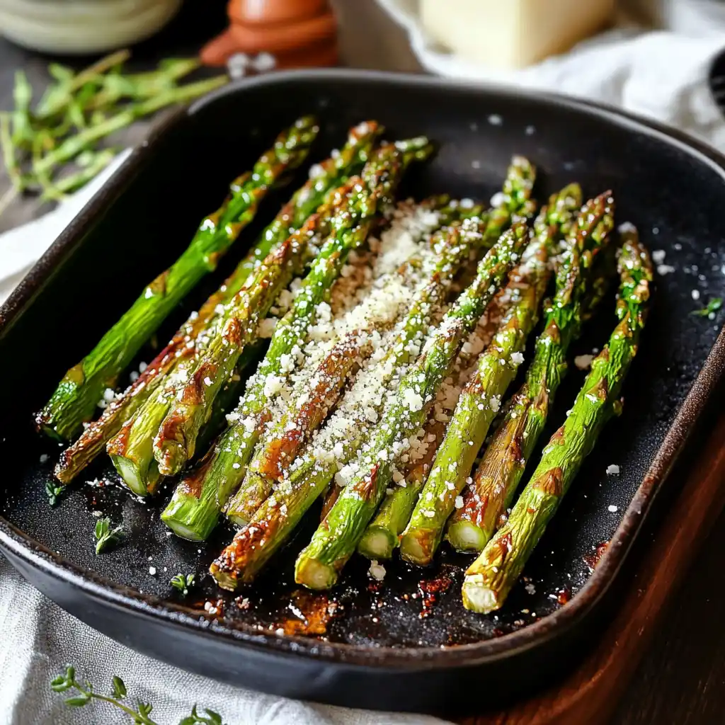 Roasted asparagus on baking tray with crispy golden tips