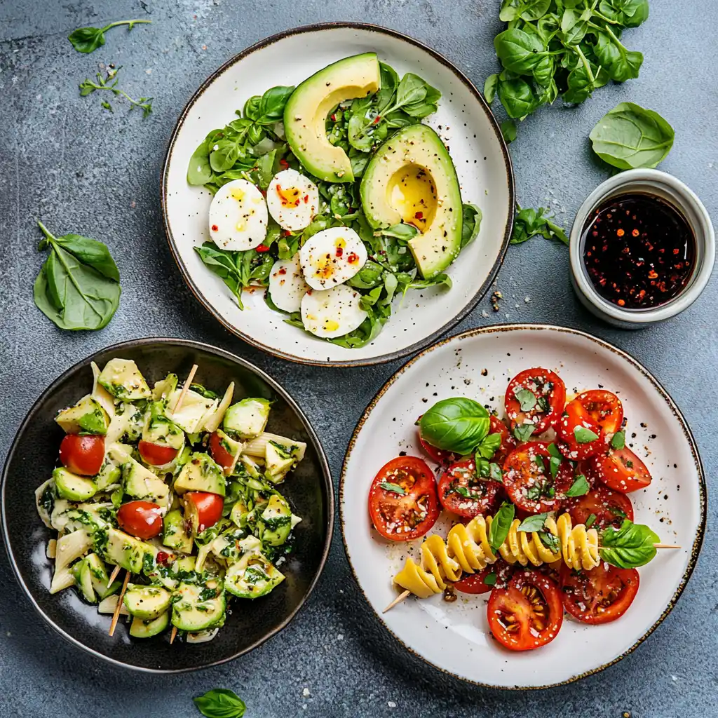 Caprese Salad variations including avocado and pasta