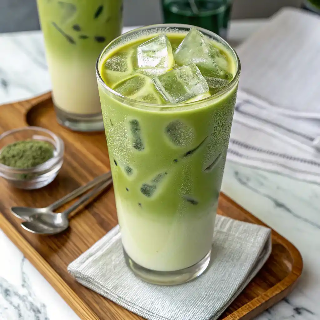 Refreshing iced matcha latte in a tall glass with condensed droplets, vibrant green matcha blended with creamy almond milk, topped with ice cubes and a straw