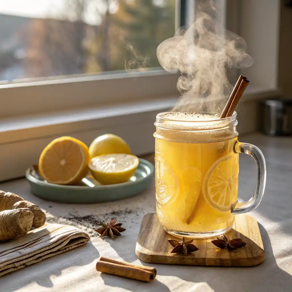 Natural Mounjaro Recipe in clear glass mug with steam rising, cinnamon stick garnish and lemon slice, golden amber metabolic support drink on wooden table