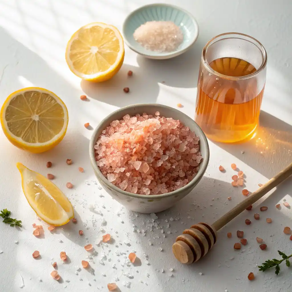 Close-up of pink salt trick recipe ingredients including Himalayan pink salt crystals, fresh lemon wedges, and warm water in a clear glass on white background with morning sunlight