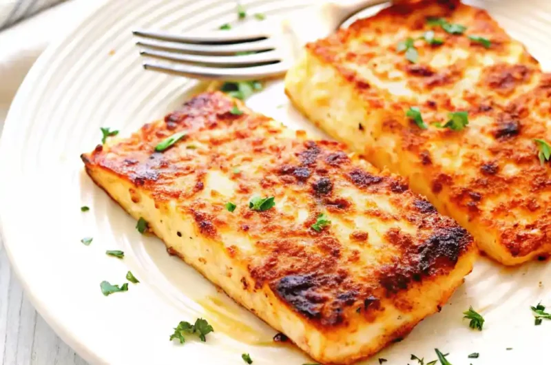 grilled halibut fillet on charcoal grill with lemon and herbs