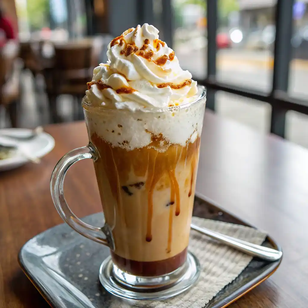 iced coffee with whipped cream and caramel