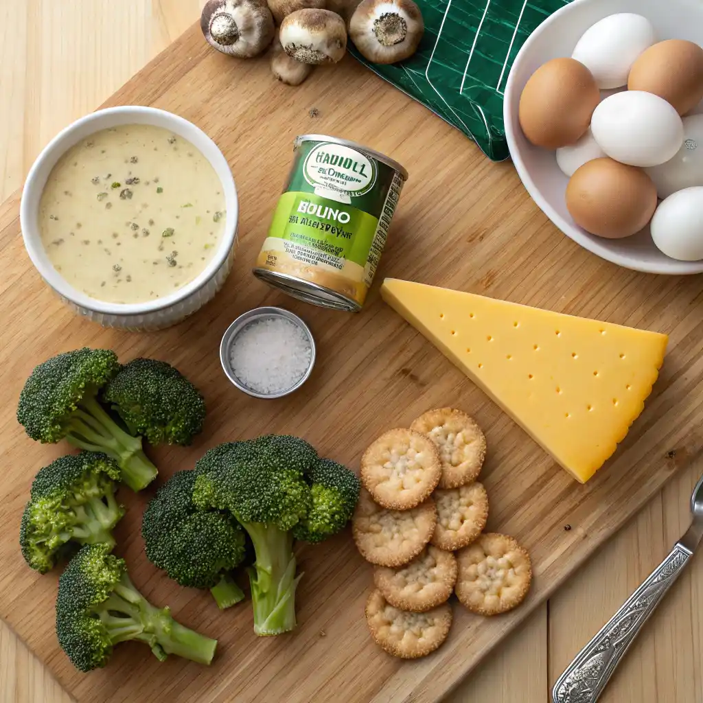 broccoli casserole ingredients on kitchen counter