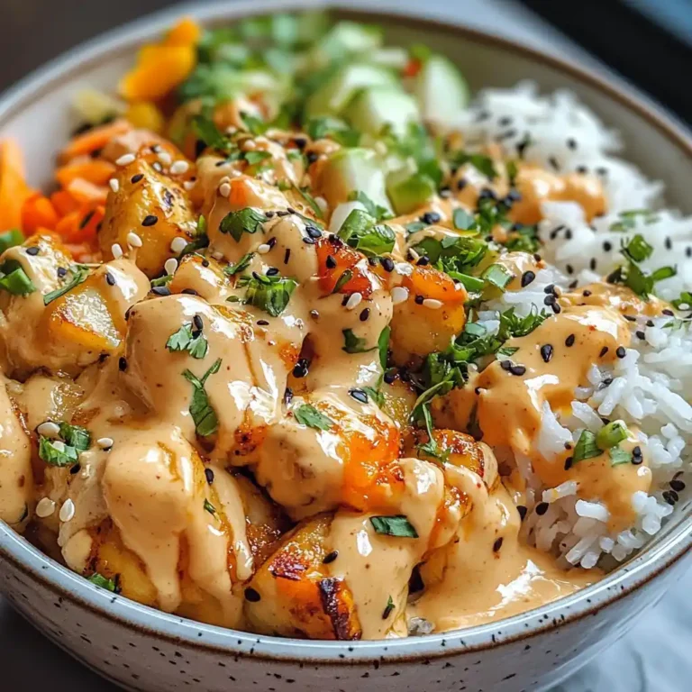 bang bang chicken bowl close-up with rice and sauce