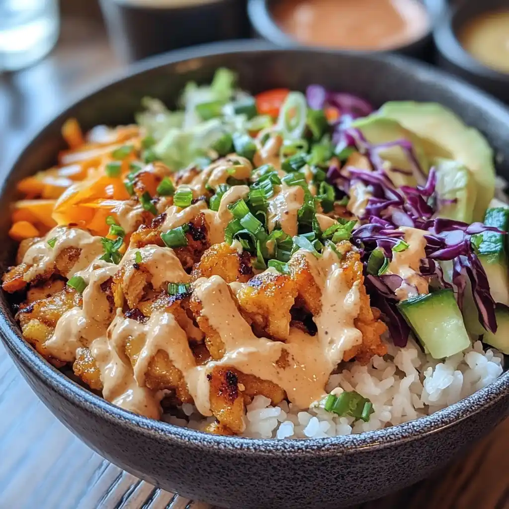 bang bang chicken bowl close-up with rice and sauce