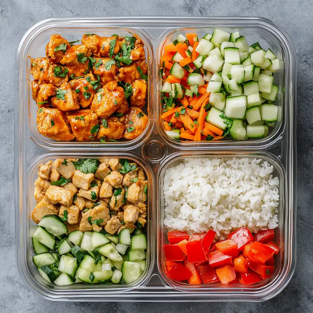 meal prep bang bang chicken bowl containers