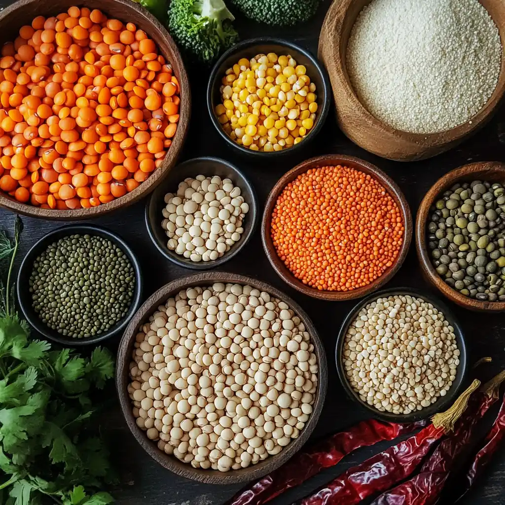 Vegan pantry staples including grains and legumes
