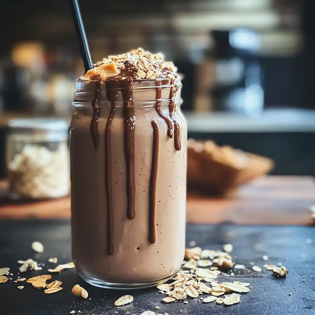Super high protein chocolate smoothie with peanut butter and oats