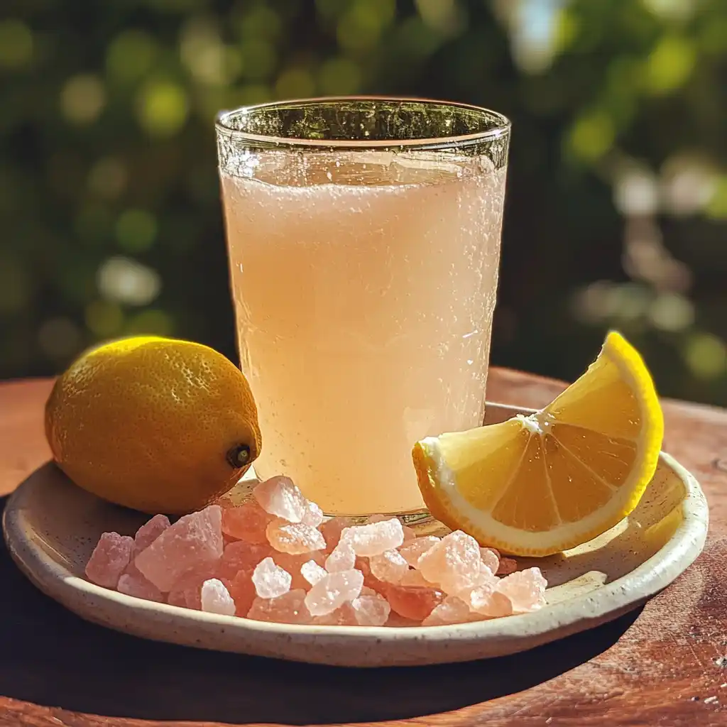 bottled lemon juice pink salt drink with Himalayan salt and lemon
