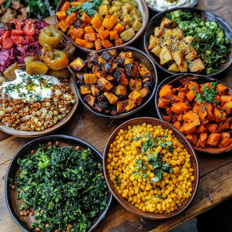 Colorful Vegan Recipes dinner spread with roasted vegetables and grains