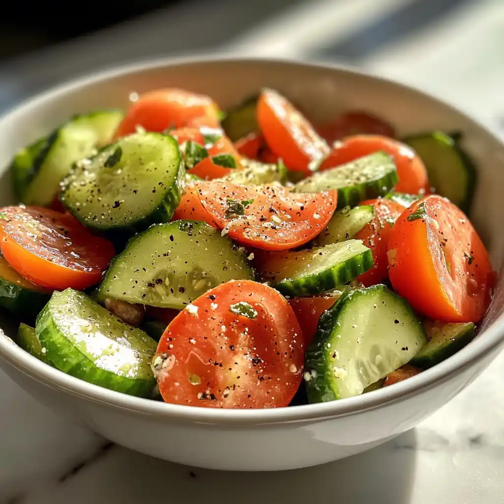 Fresh cucumber tomato salad in white bowl on wooden table