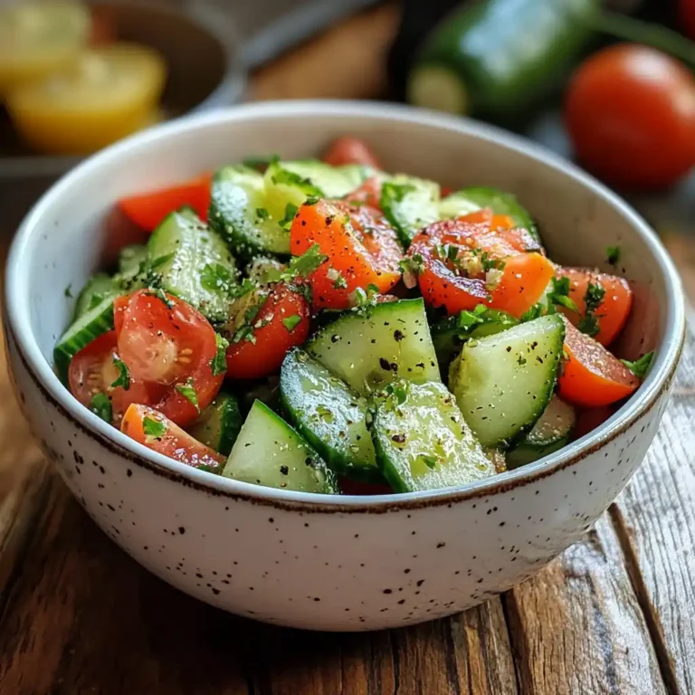 Fresh cucumber tomato salad in white bowl on wooden table