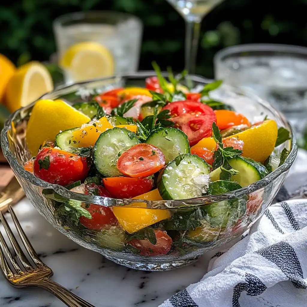Cucumber tomato salad served at summer picnic