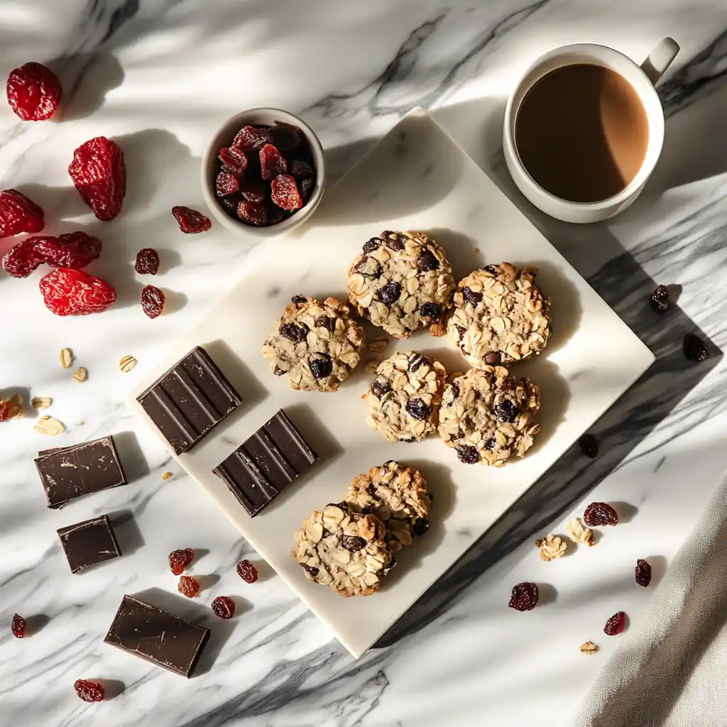 Coconut oatmeal chocolate chip cookies served on a dessert board
