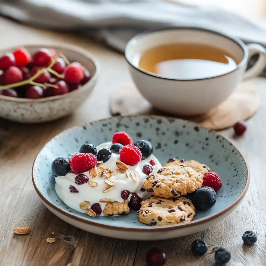 Breakfast scene with cherry almond cookies