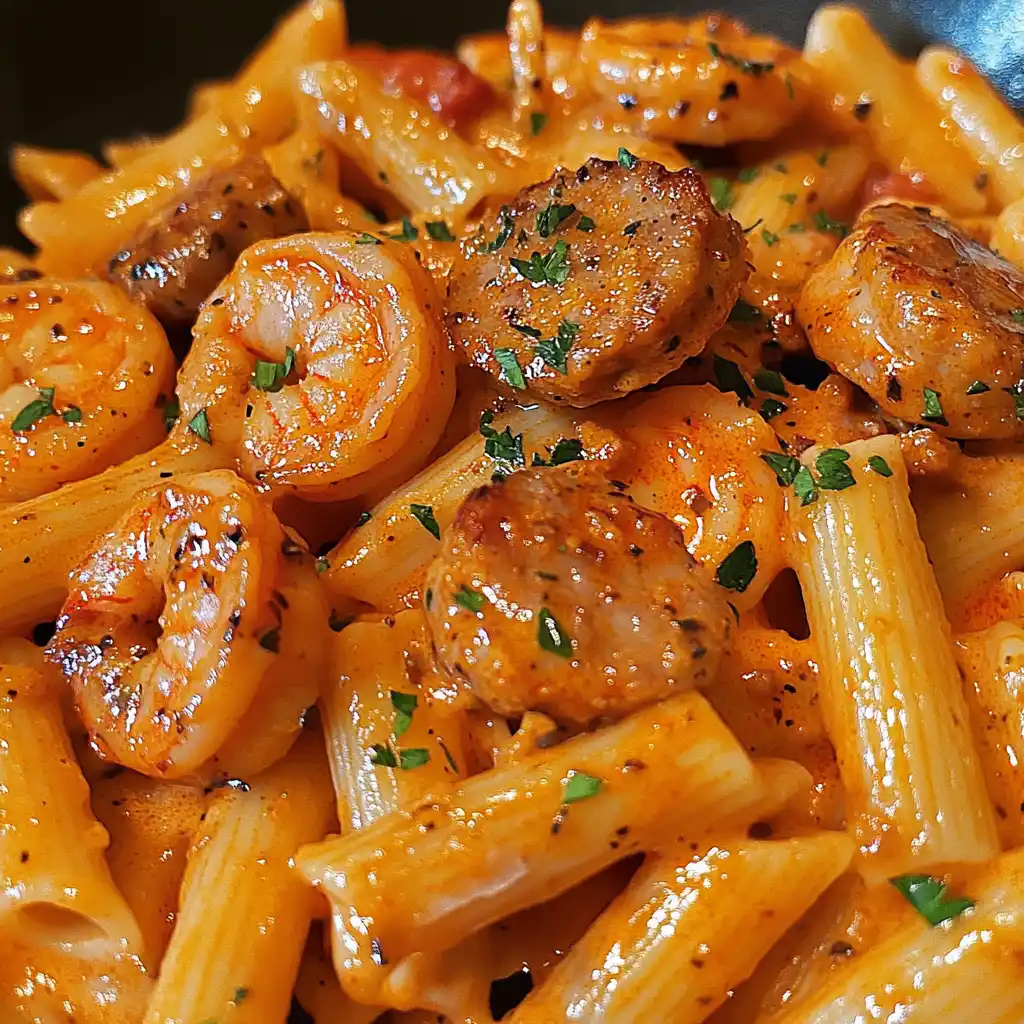 Cajun shrimp and sausage pasta creamy dish.
