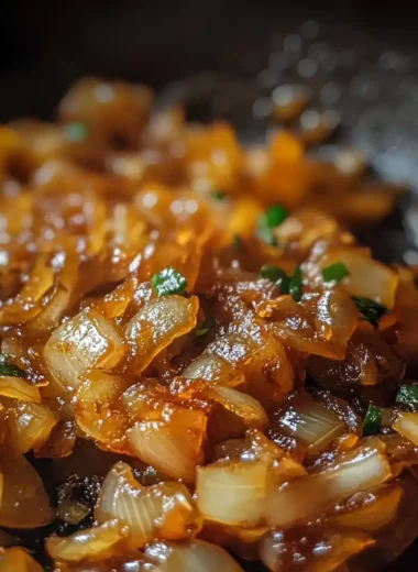 Caramelized onions cooking in skillet close up