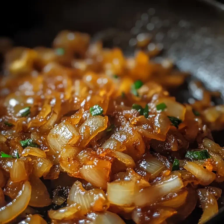 Caramelized onions cooking in skillet close up