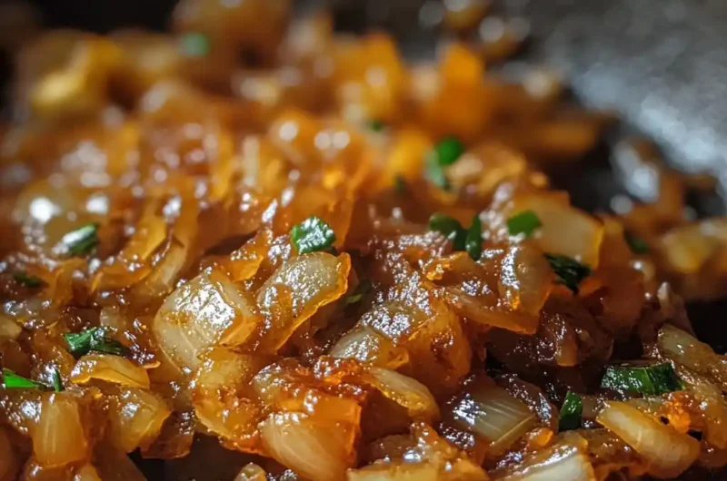 Caramelized onions cooking in skillet close up