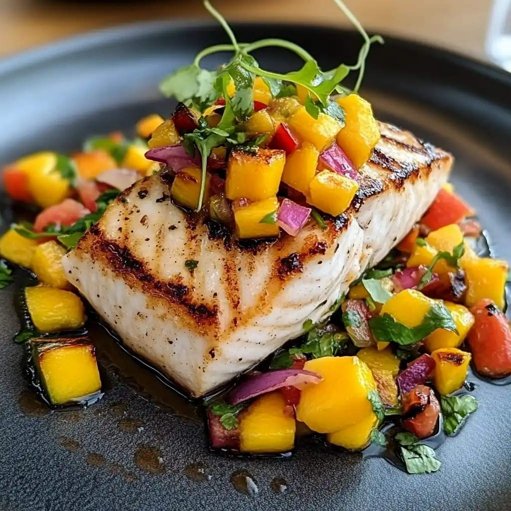 Grilled mahi mahi served with mango salsa and vegetables