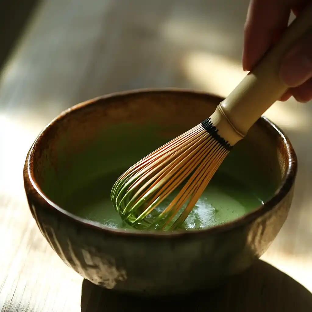 whisking matcha for iced strawberry matcha latte