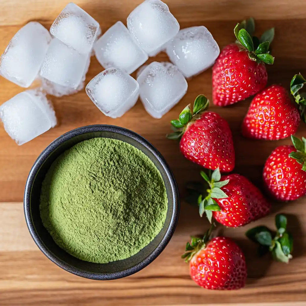 ingredients for iced strawberry matcha latte recipe