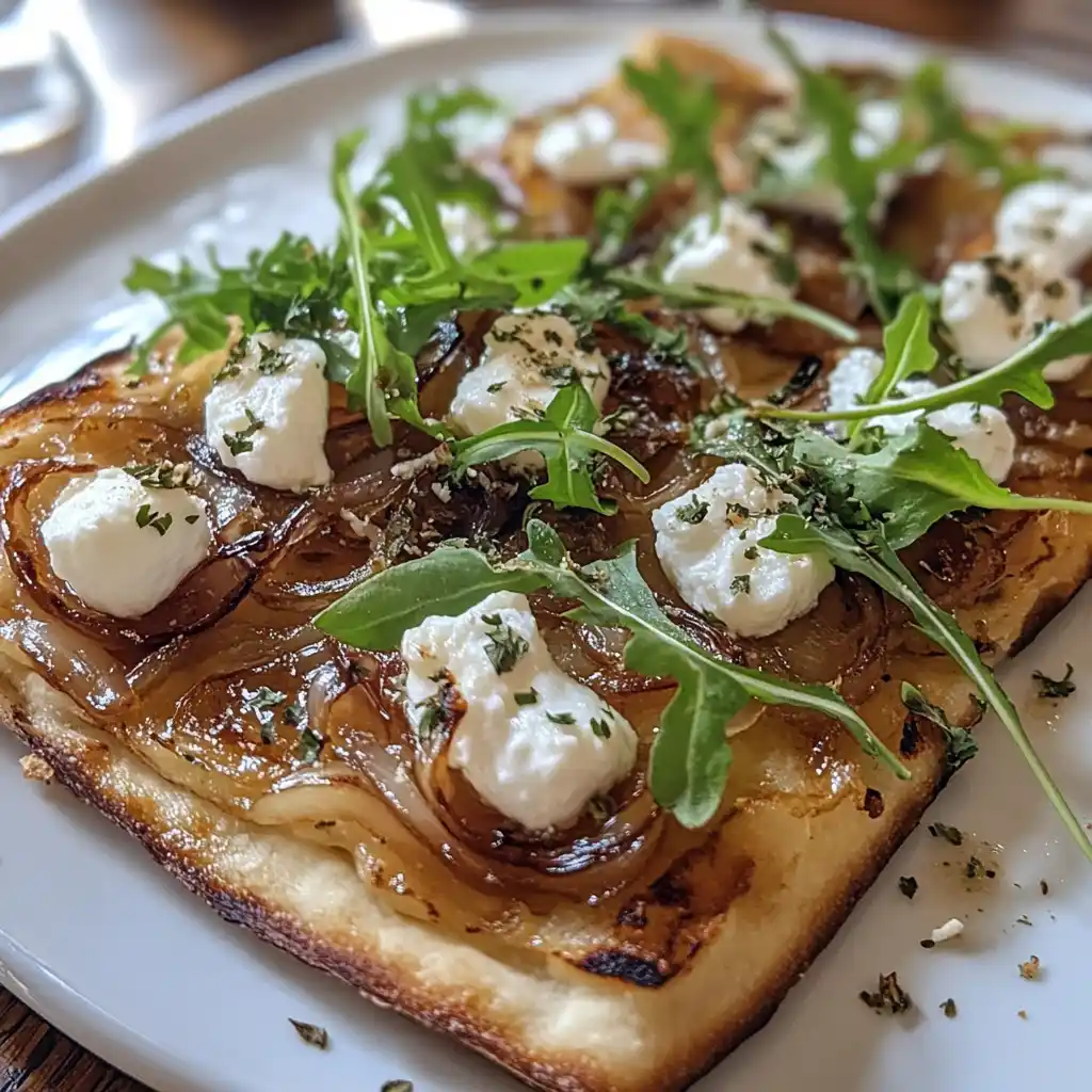 Pizza topped with caramelized onions and arugula