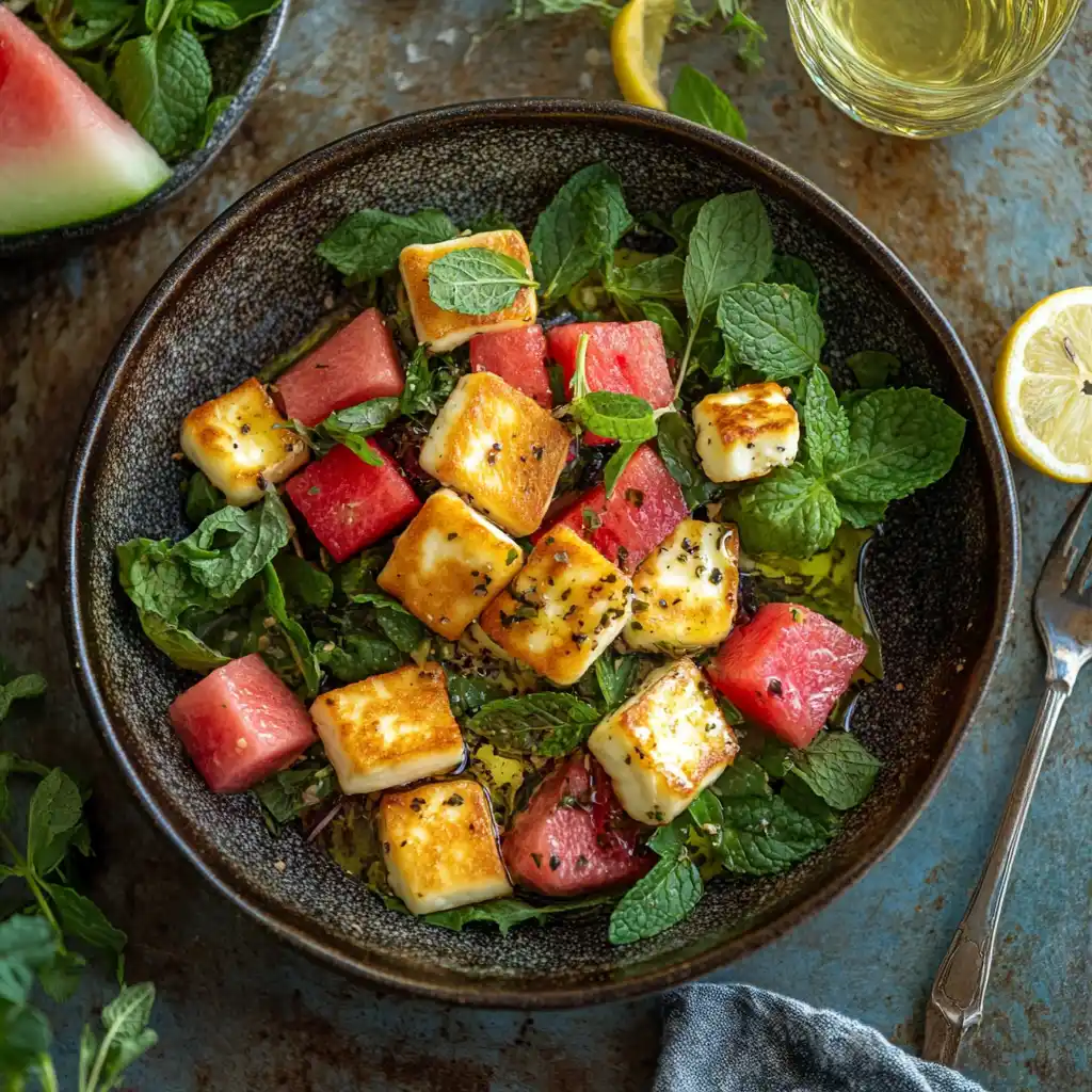 Grilled Halloumi Cheese Recipe on Mediterranean plate